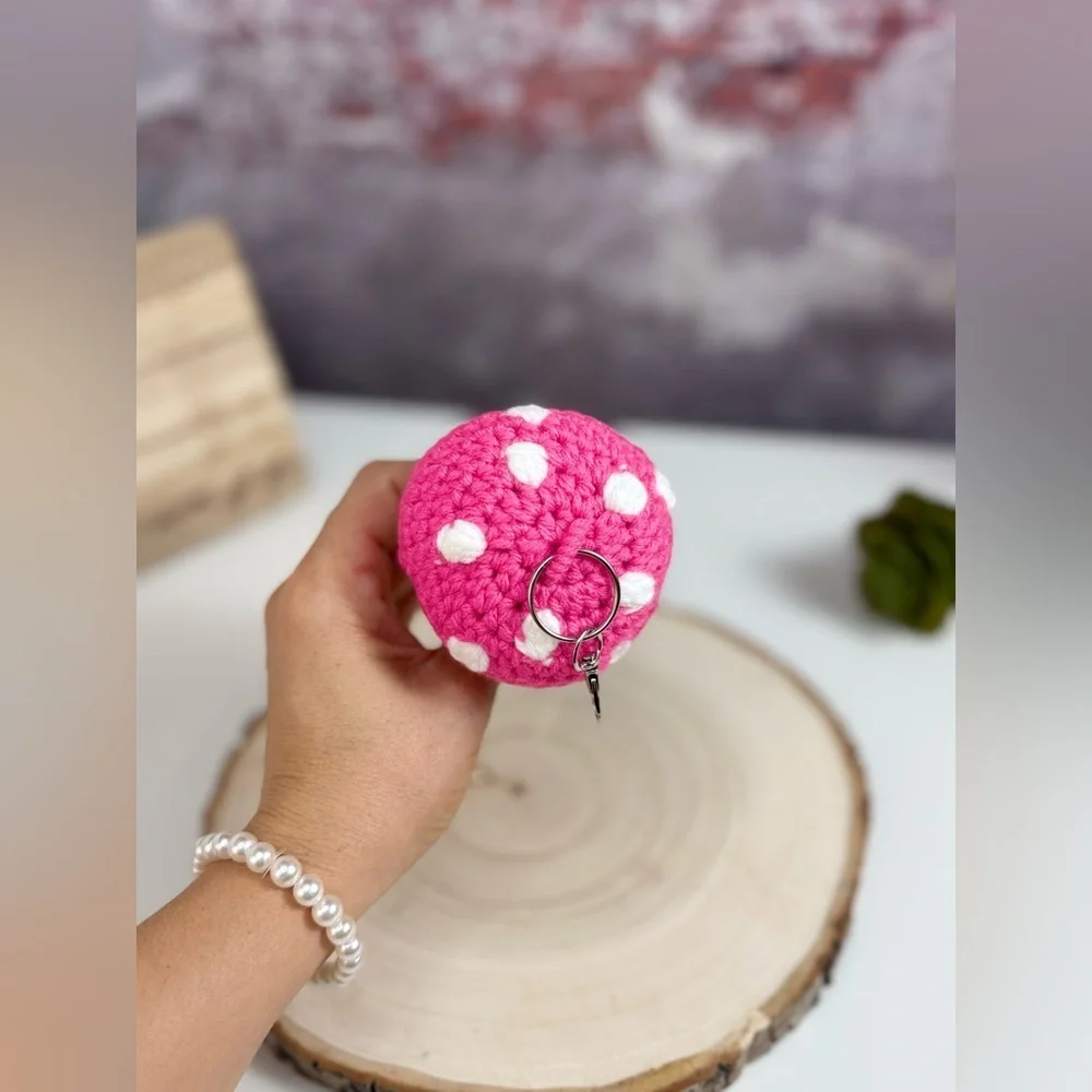Handcrafted Mushroom Pink and White Crochet Keychain